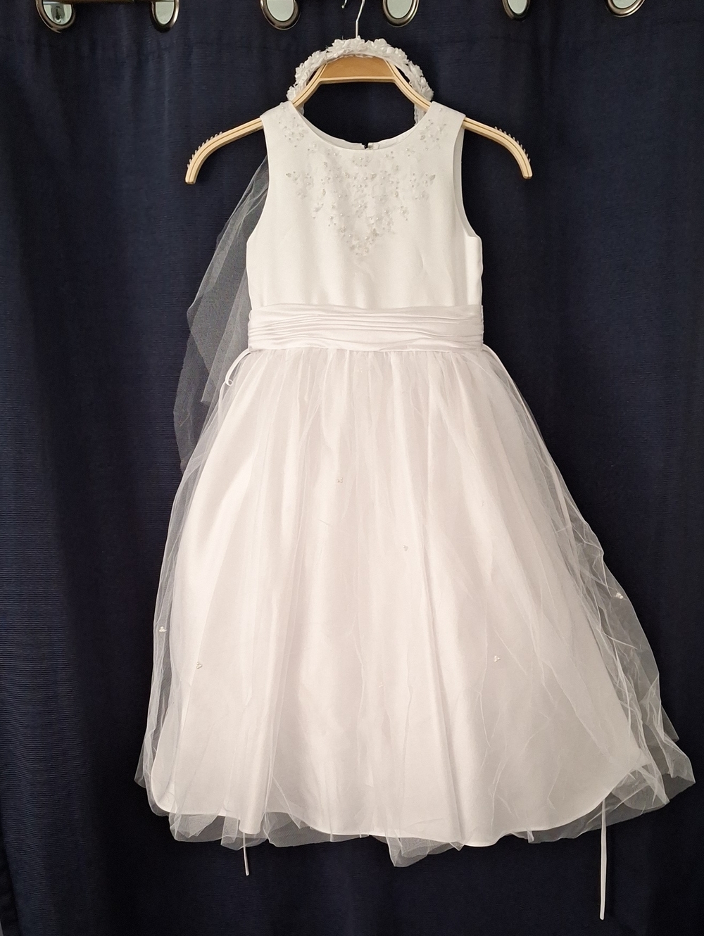 Us Angels White Satin & Tulle Flower Appliqué Dress
